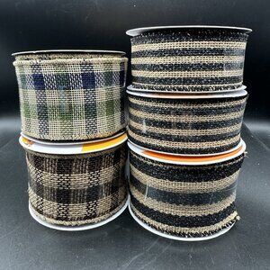 Celebrate It Wired Ribbon 2.5” Black Tan Plaid & Stripe Burlap Rustic Farmhouse